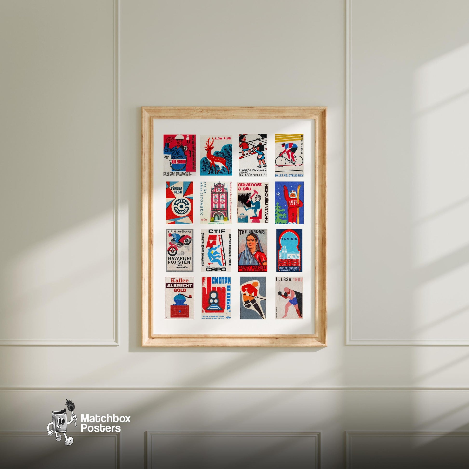 Red and Blue Collage - vintage matchbox label print - living room mockup