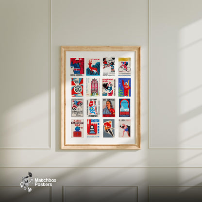 Red and Blue Collage - vintage matchbox label print - living room mockup