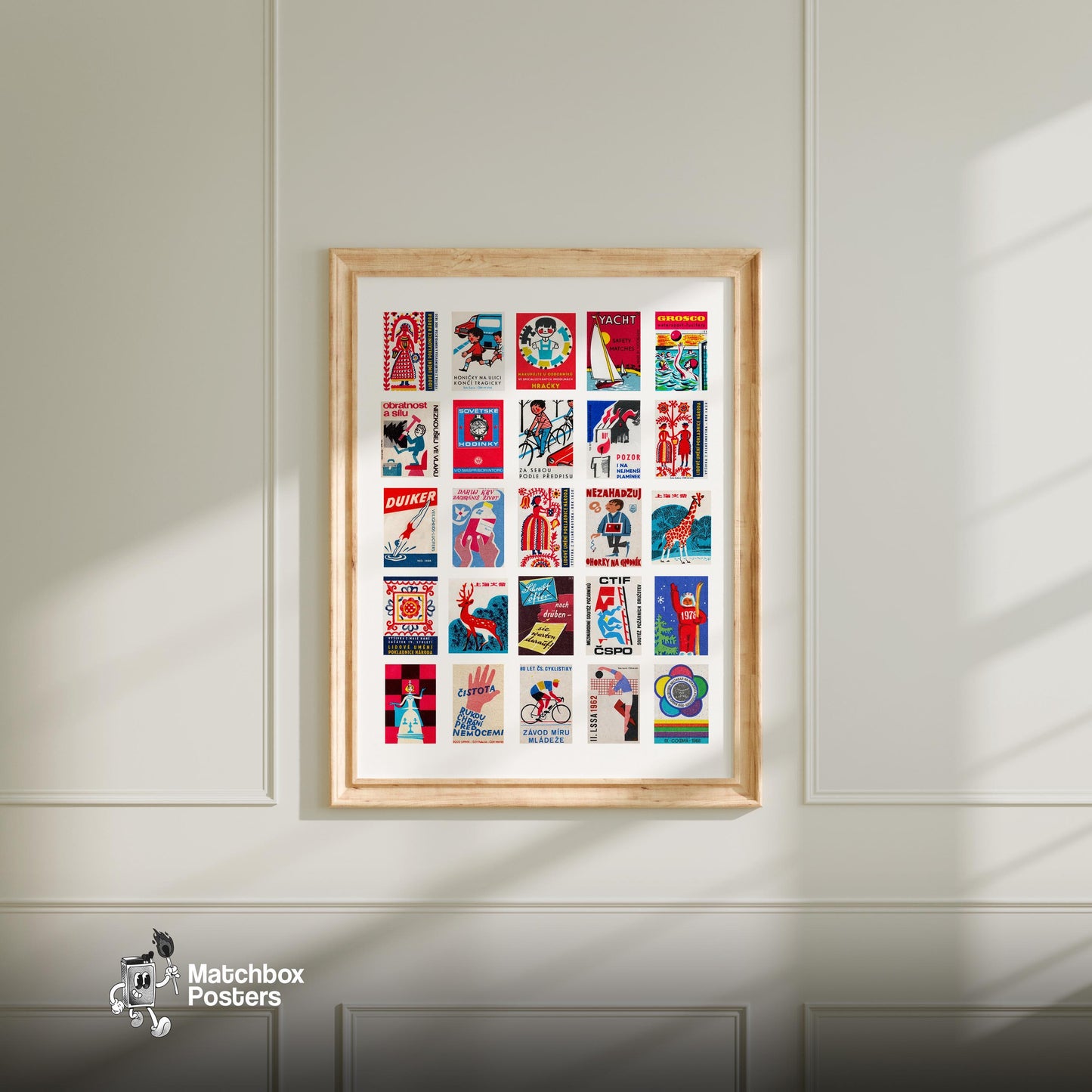 Red Matchbox Grid - vintage matchbox label print - living room mockup