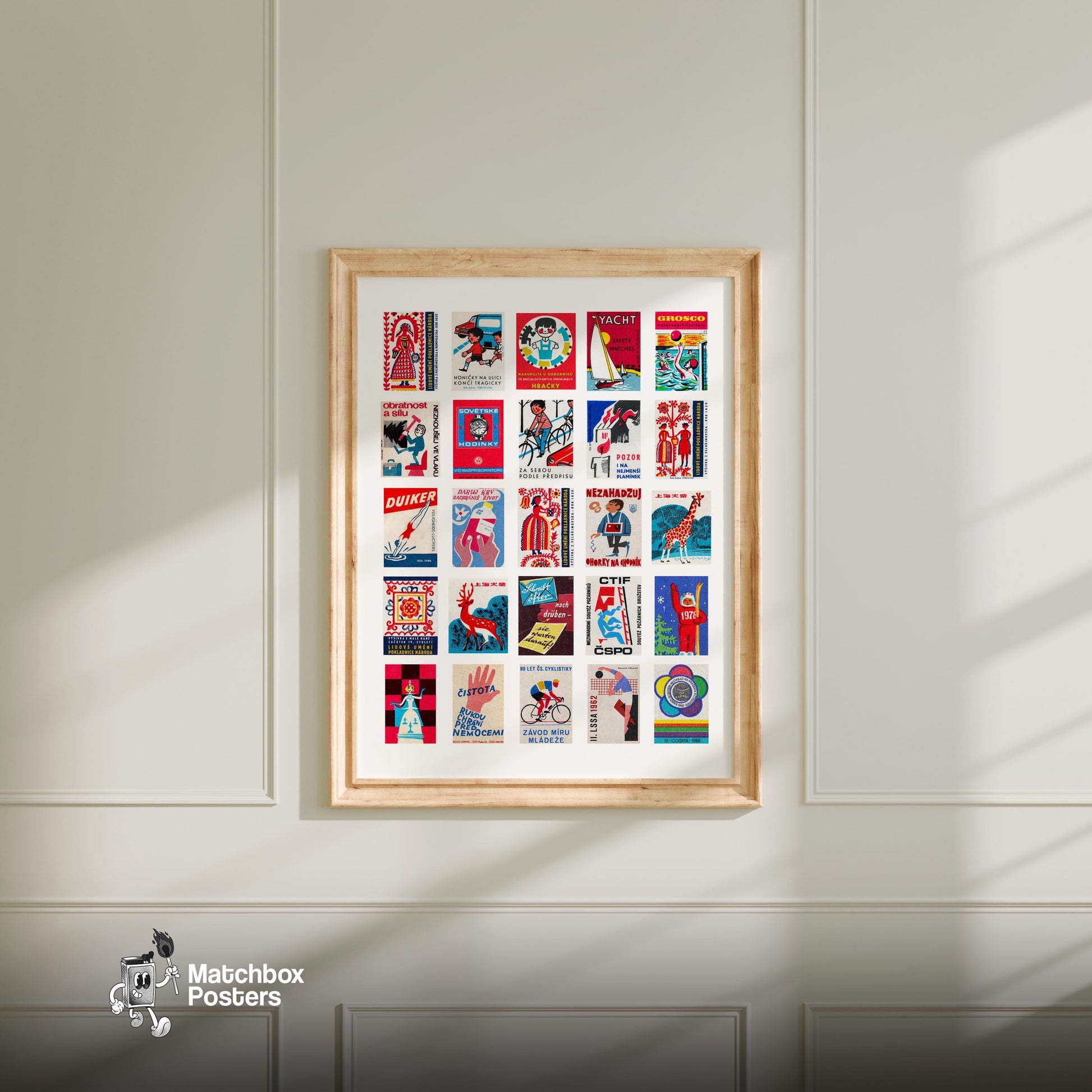 Red Matchbox Grid - vintage matchbox label print - living room mockup
