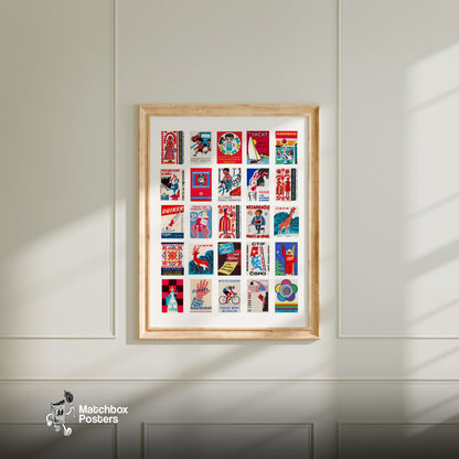 Red Matchbox Grid - vintage matchbox label print - living room mockup