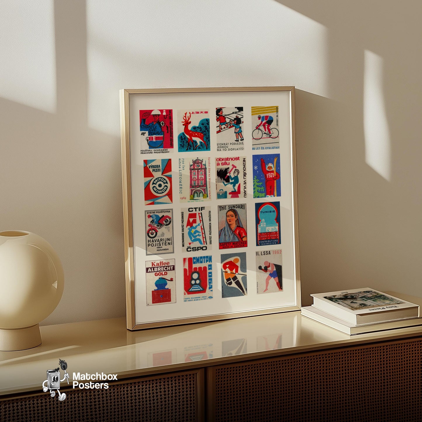 Red and Blue Collage - vintage matchbox label print - bedroom mockup
