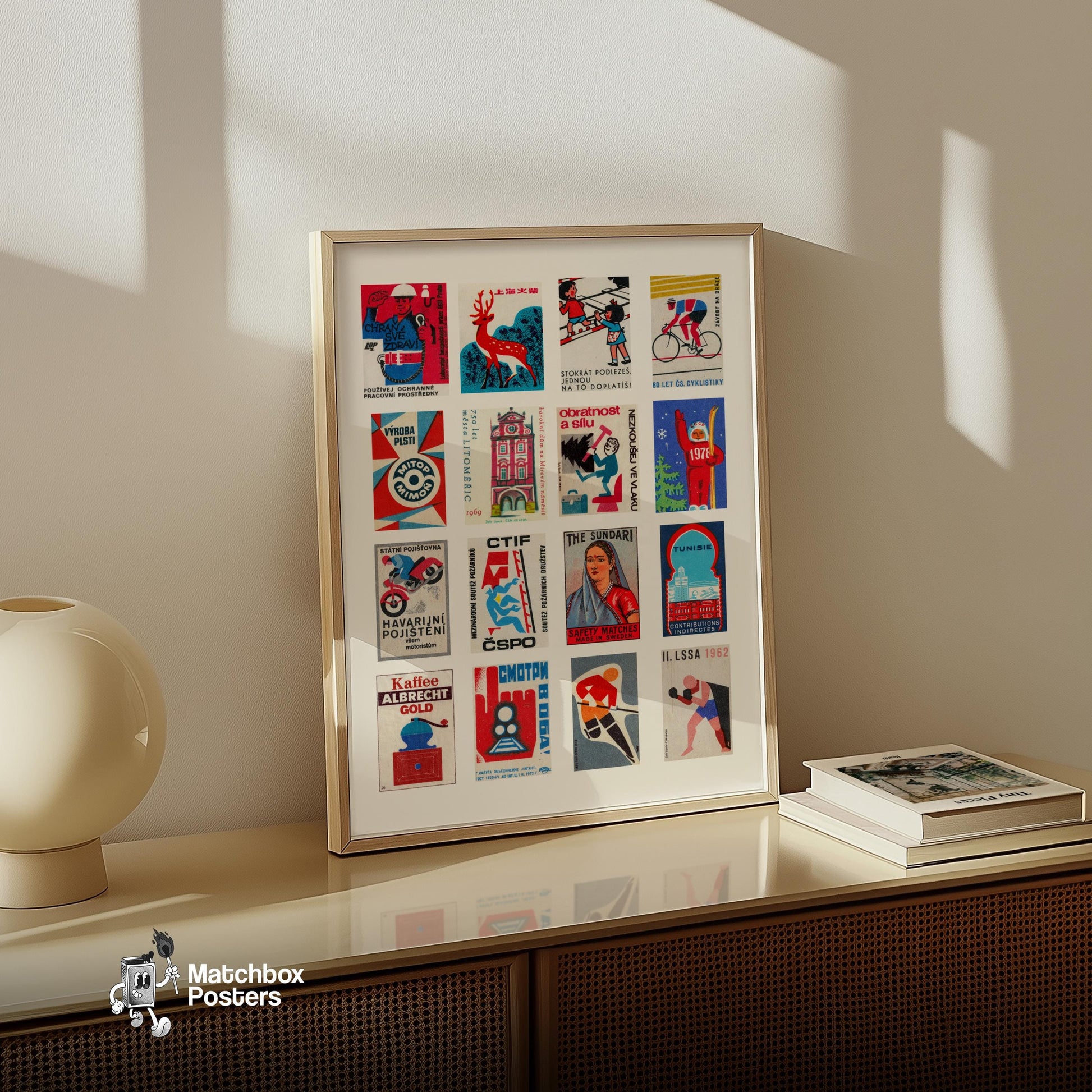 Red and Blue Collage - vintage matchbox label print - bedroom mockup