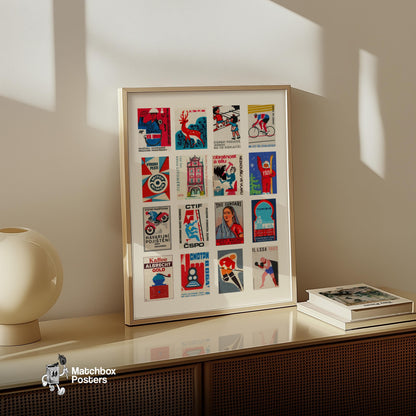 Red and Blue Collage - vintage matchbox label print - bedroom mockup
