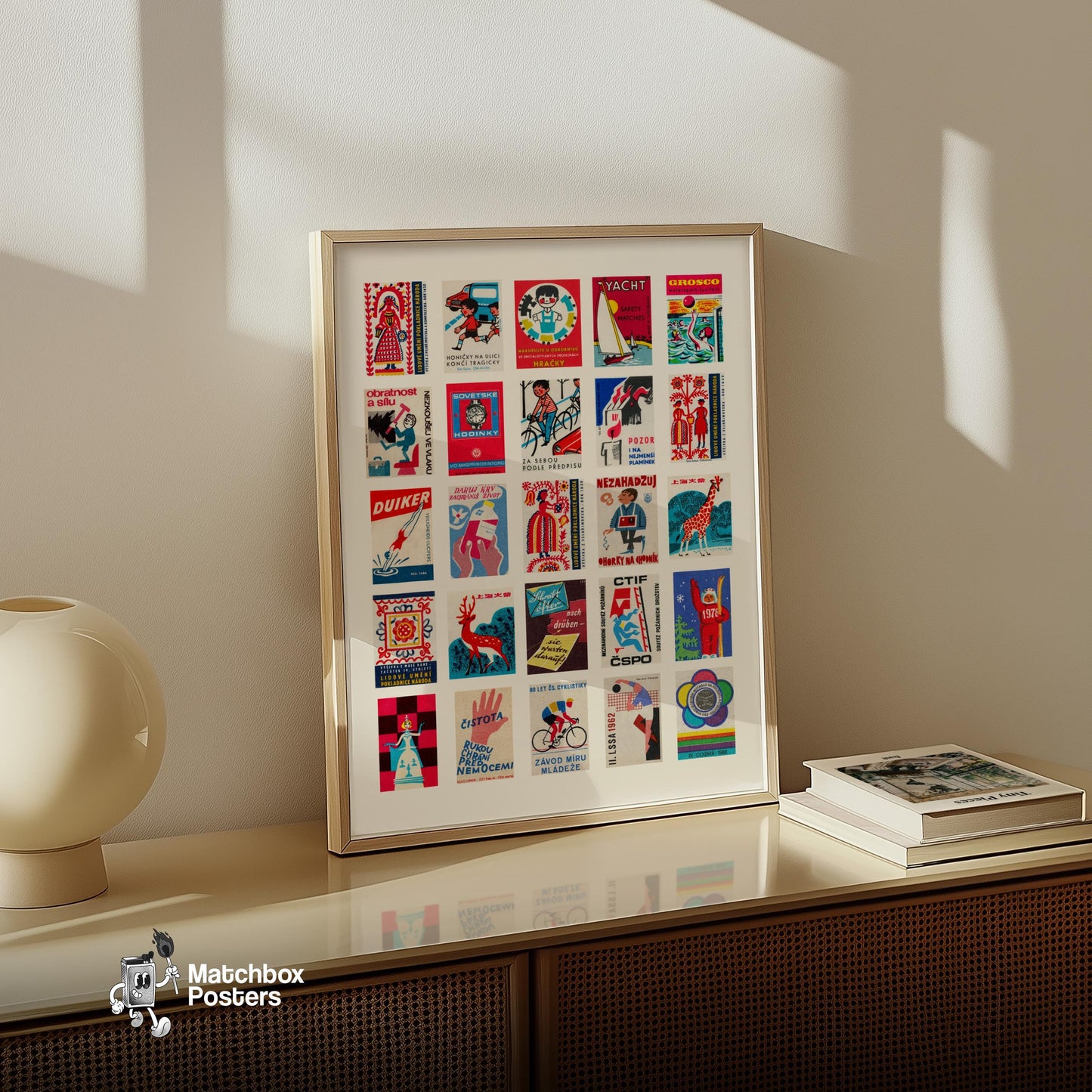 Red Matchbox Grid - vintage matchbox label print - bedroom mockup