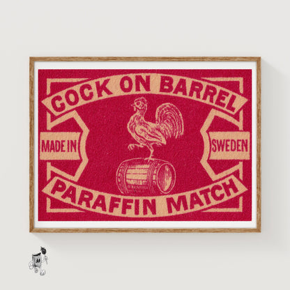 Rooster on Barrel - vintage matchbox label print