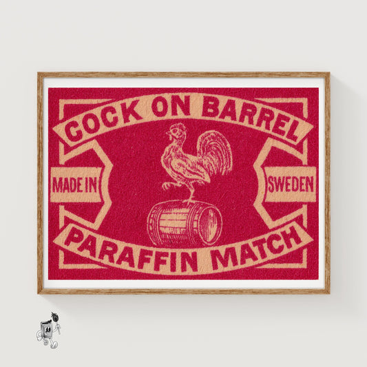 Rooster on Barrel - vintage matchbox label print