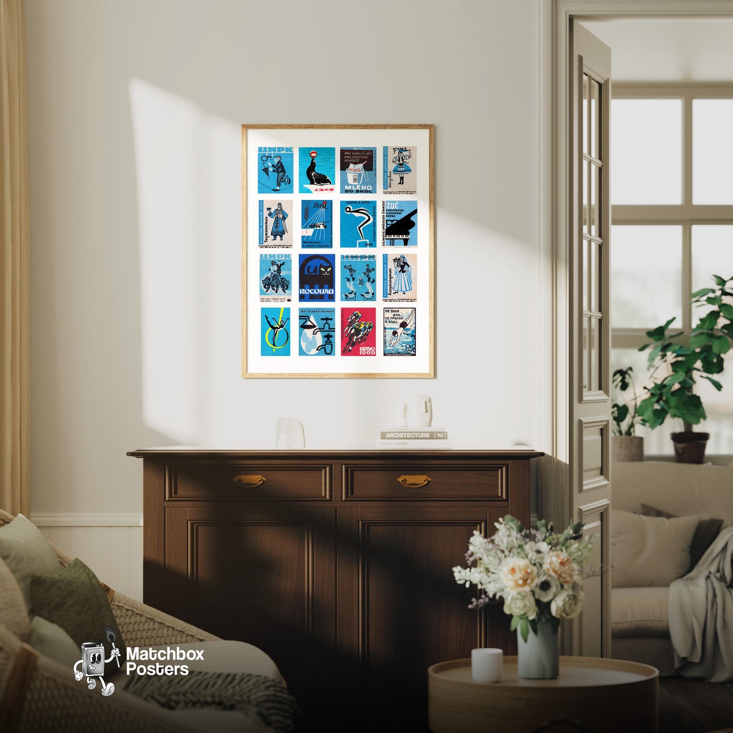 Blue and Black Collage - vintage matchbox label print - framed wall art preview