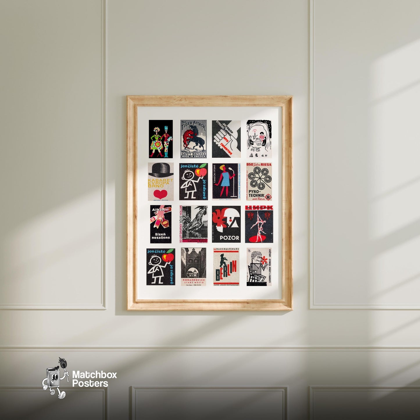 Black and Red Collage - vintage matchbox label print - living room mockup