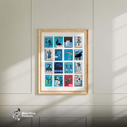 Blue and Black Collage - vintage matchbox label print - living room mockup