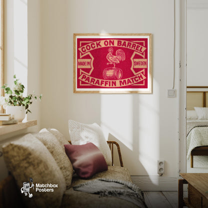 Rooster on Barrel - vintage matchbox label print - living room mockup
