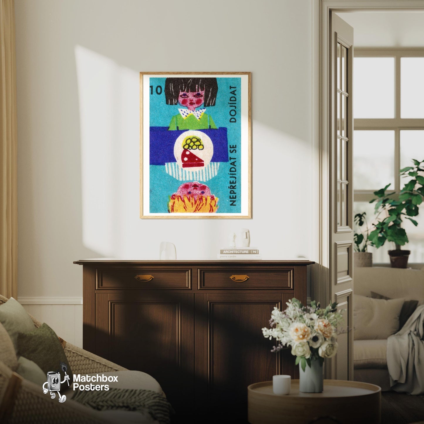 Child with Food - vintage matchbox label print - living room mockup