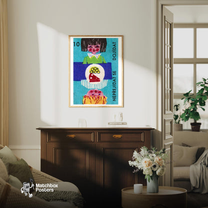 Child with Food - vintage matchbox label print - living room mockup
