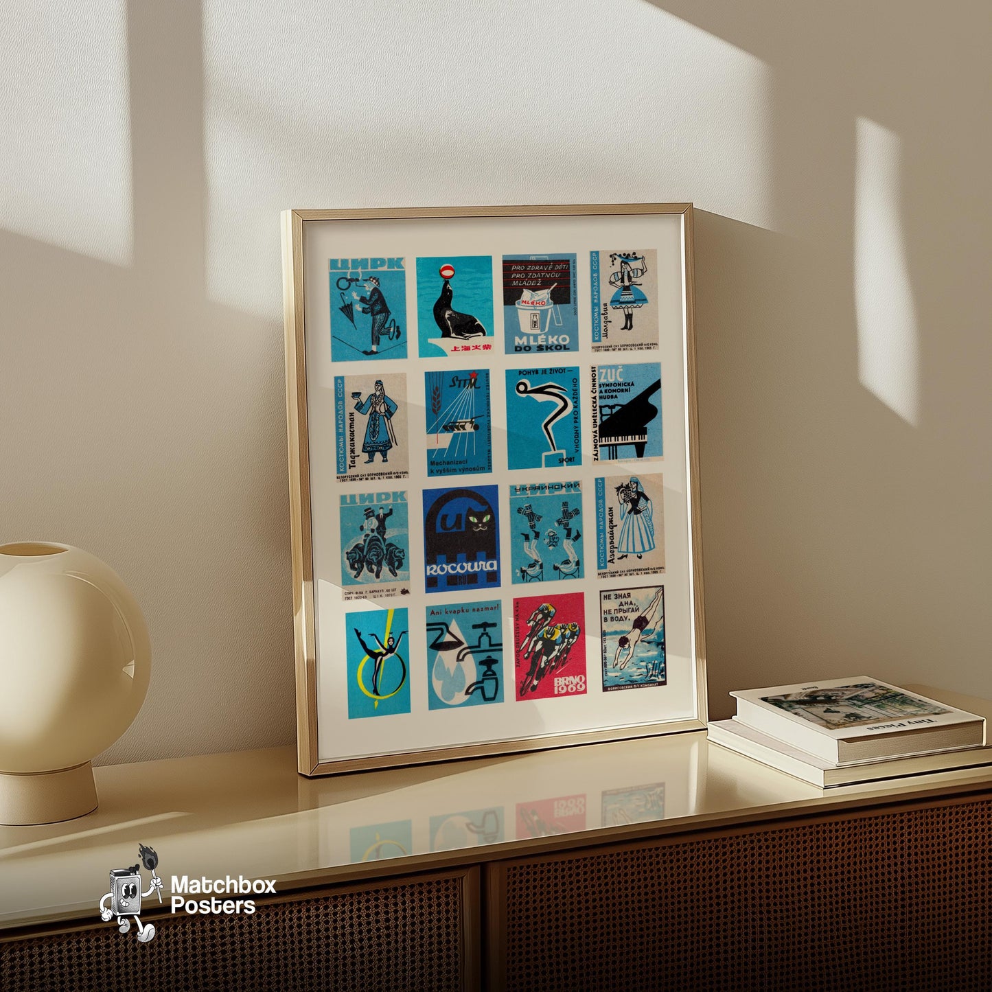 Blue and Black Collage - vintage matchbox label print - bedroom mockup