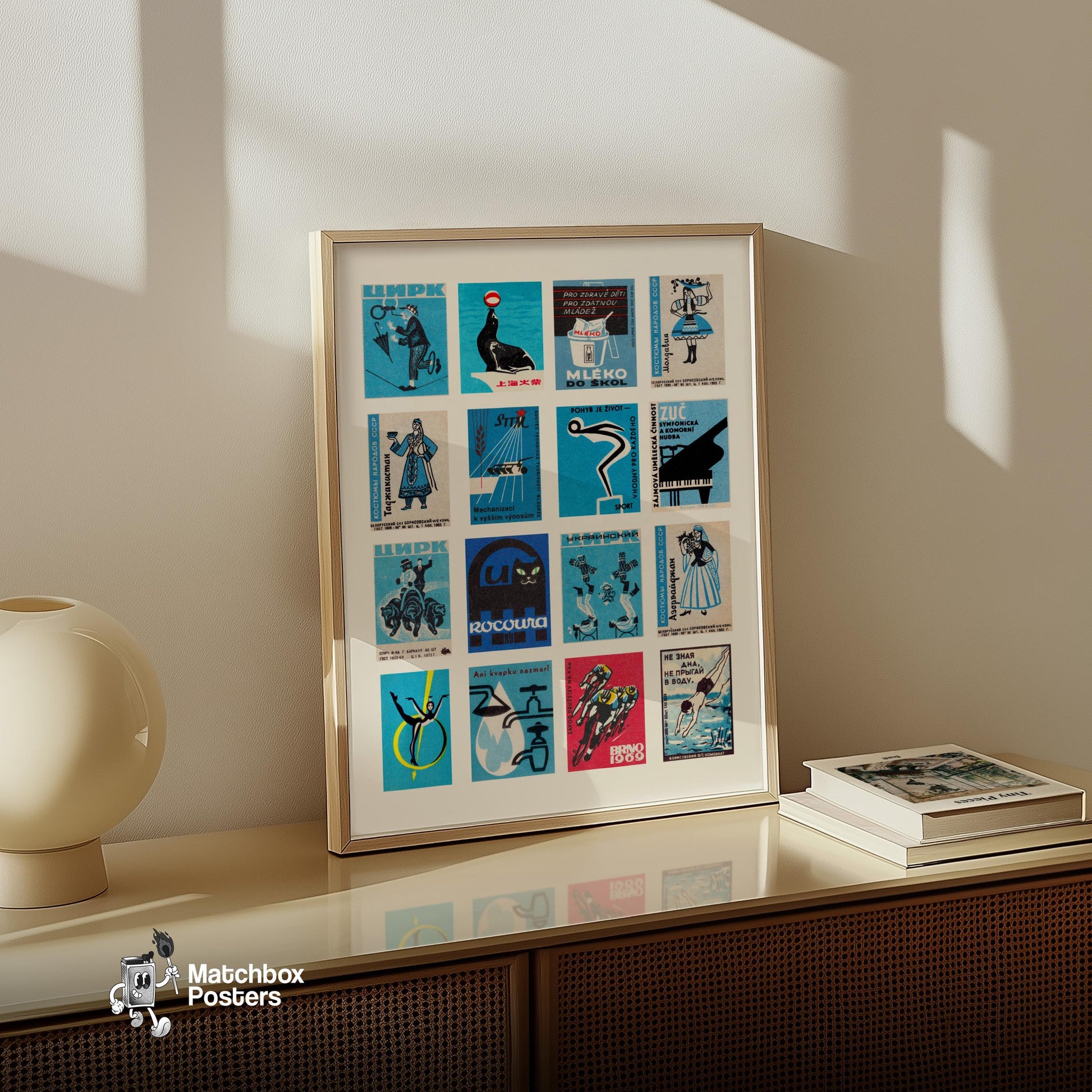 Blue and Black Collage - vintage matchbox label print - bedroom mockup