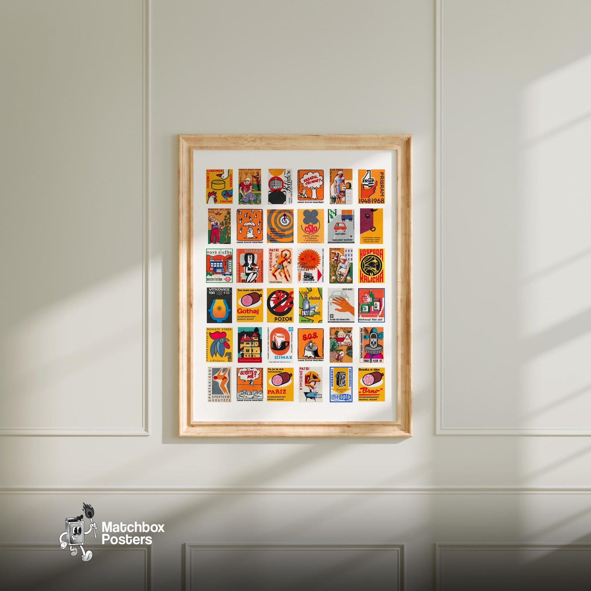 Czech Collage Print - vintage matchbox label print - living room mockup