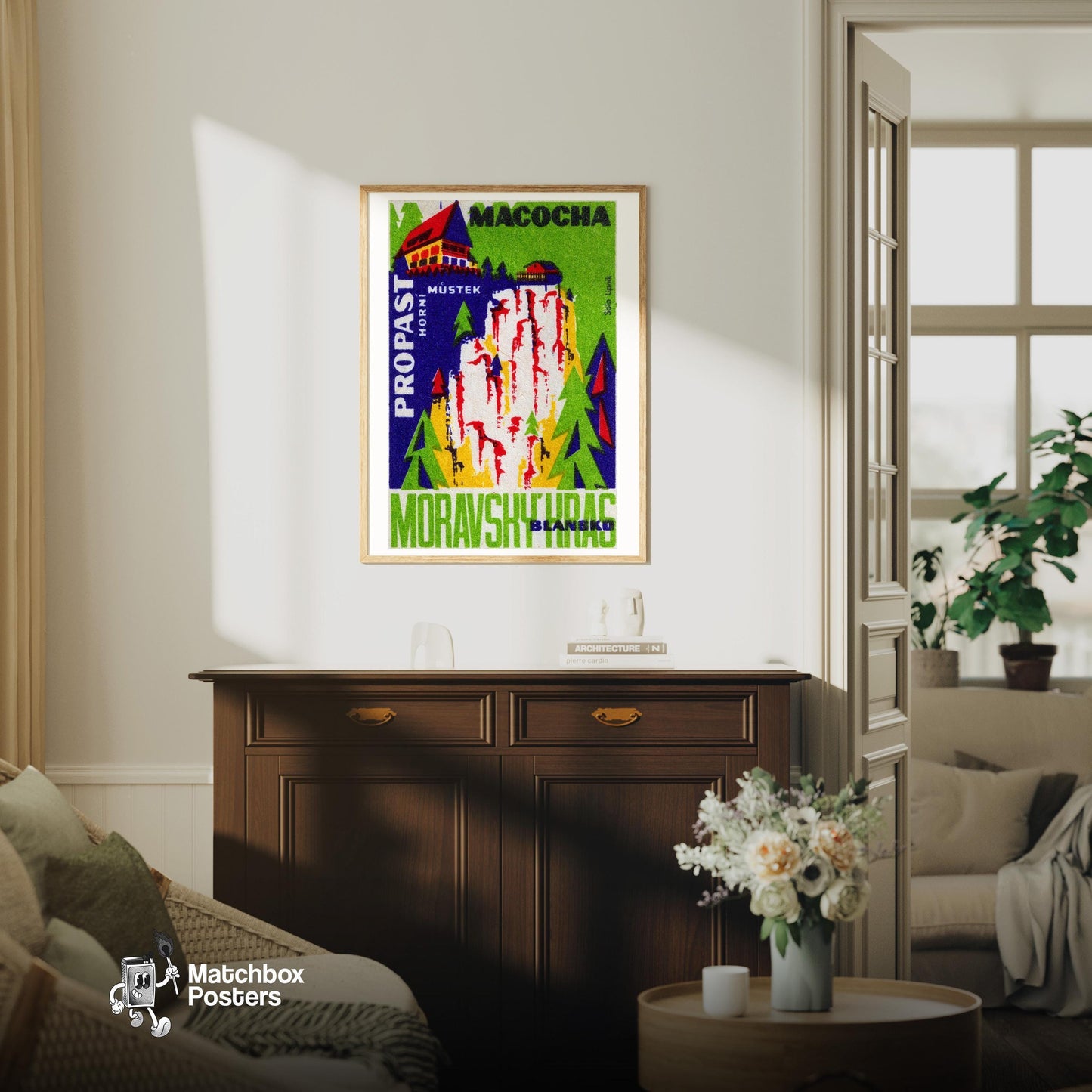 Stylized Depiction Of A Gorge - vintage matchbox label print - living room mockup