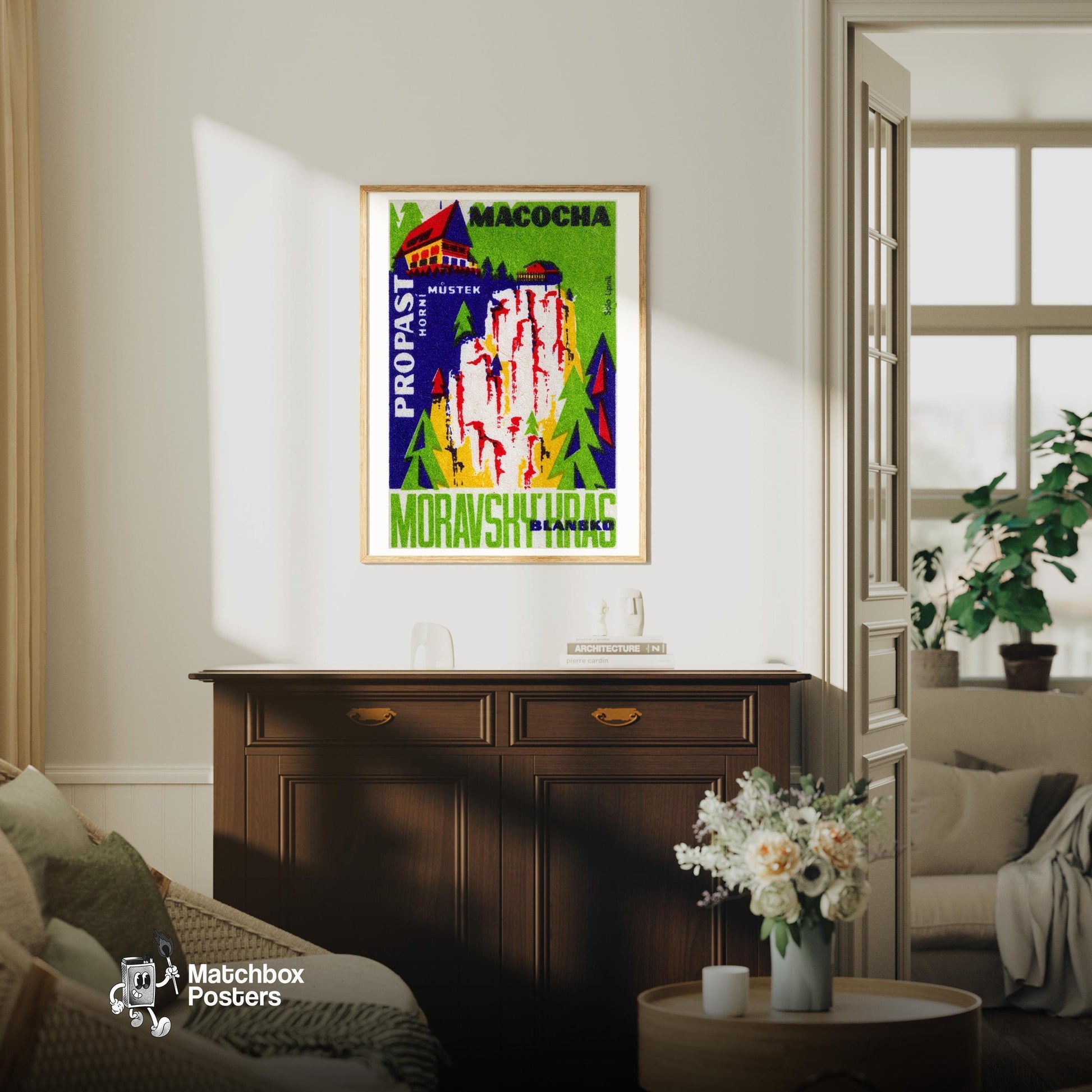 Stylized Depiction Of A Gorge - vintage matchbox label print - living room mockup