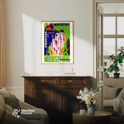 Stylized Depiction Of A Gorge - vintage matchbox label print - living room mockup