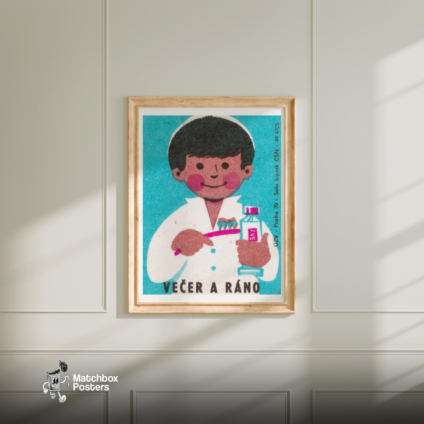 Child Brushing Teeth - vintage matchbox label print - bedroom mockup