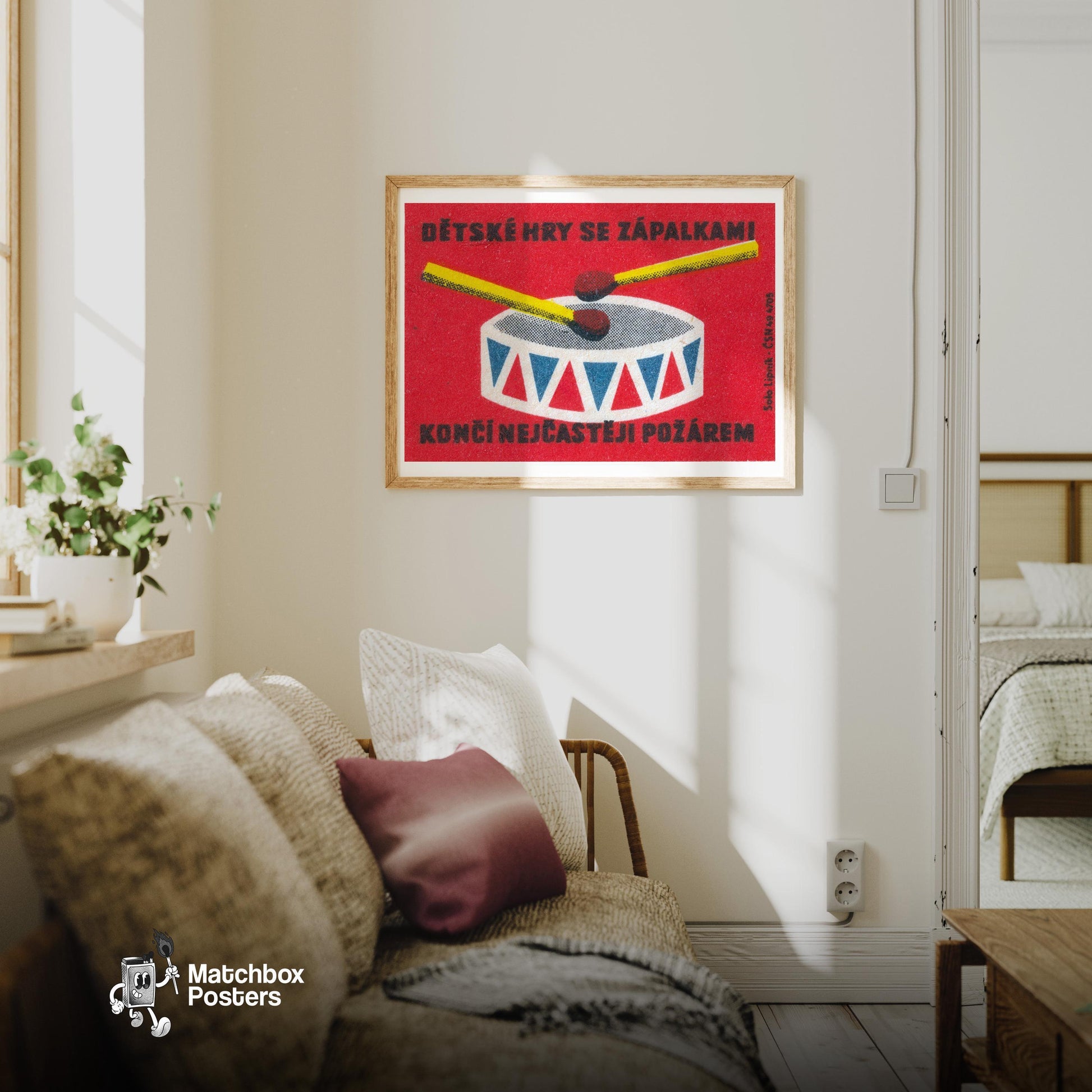 Two Matches - vintage matchbox label print - living room mockup