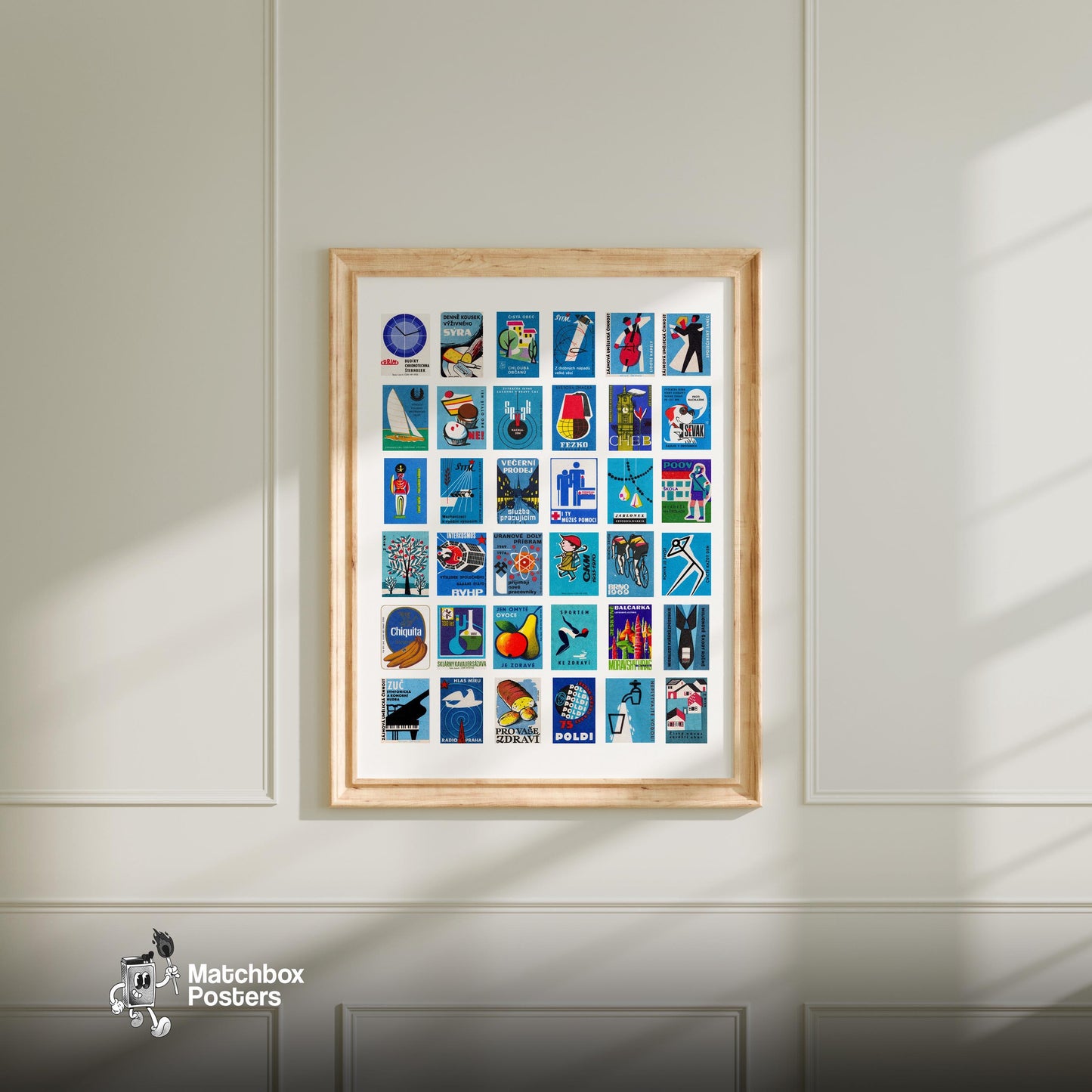 Blues Collage - vintage matchbox label print - living room mockup
