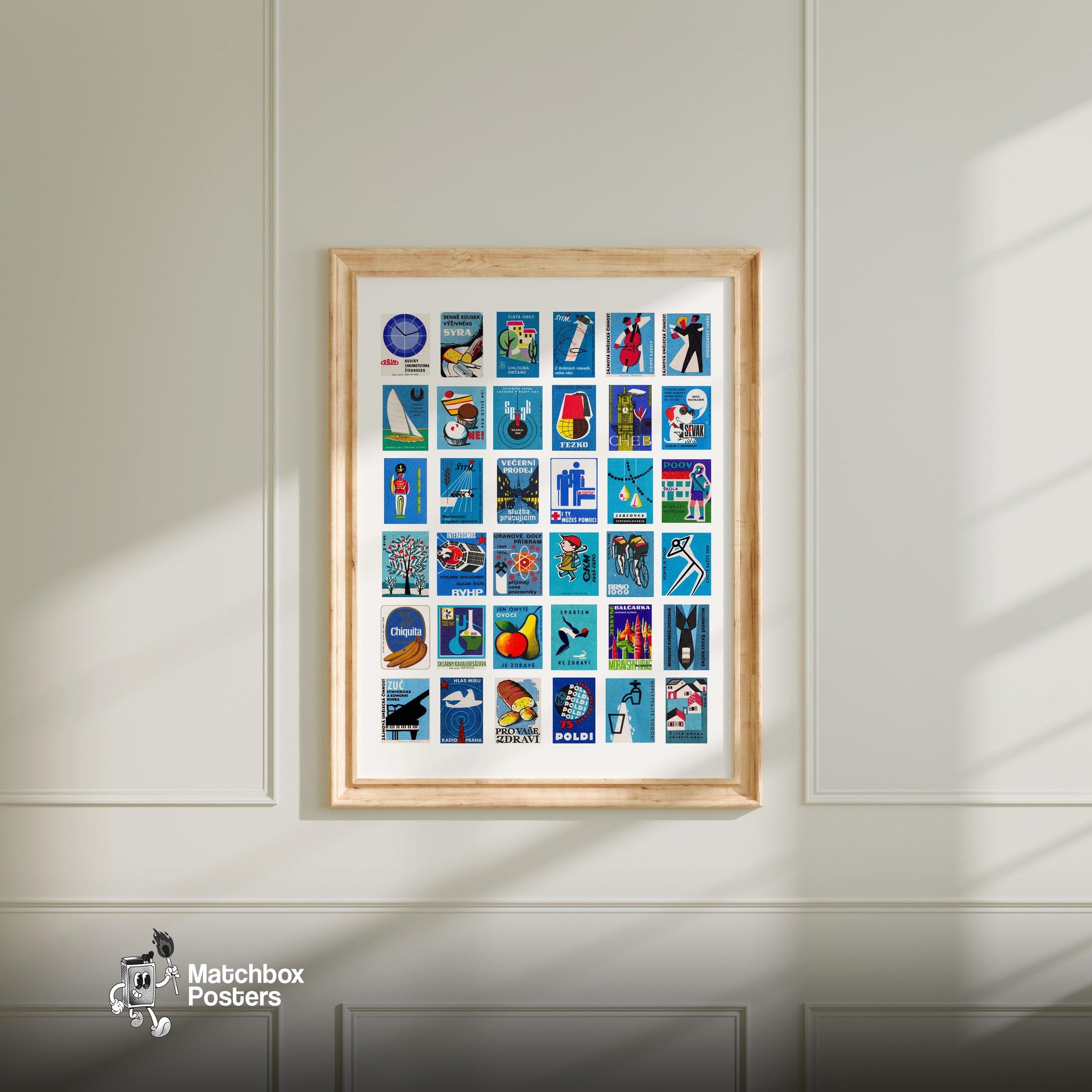 Blues Collage - vintage matchbox label print - living room mockup