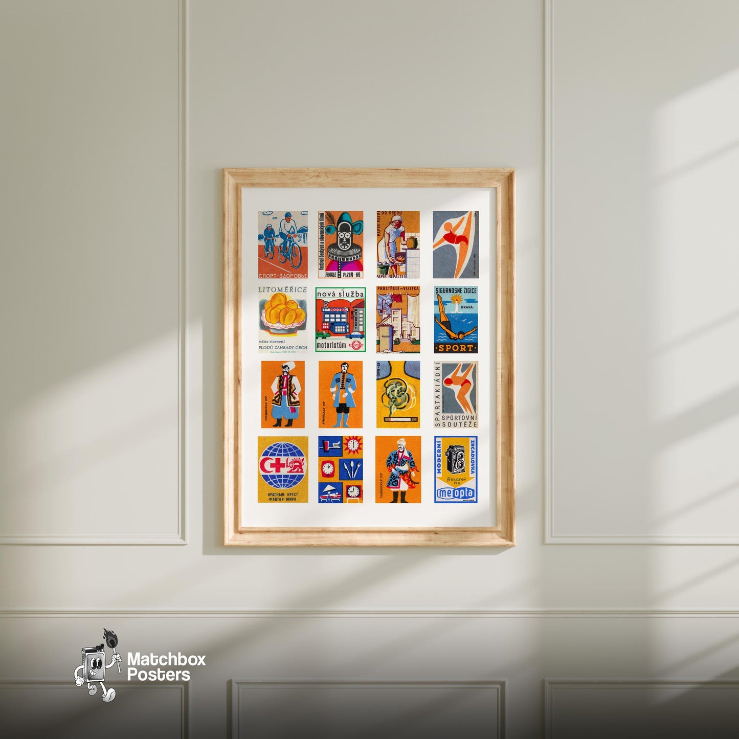 Orange and Blue Collage - vintage matchbox label print - living room mockup