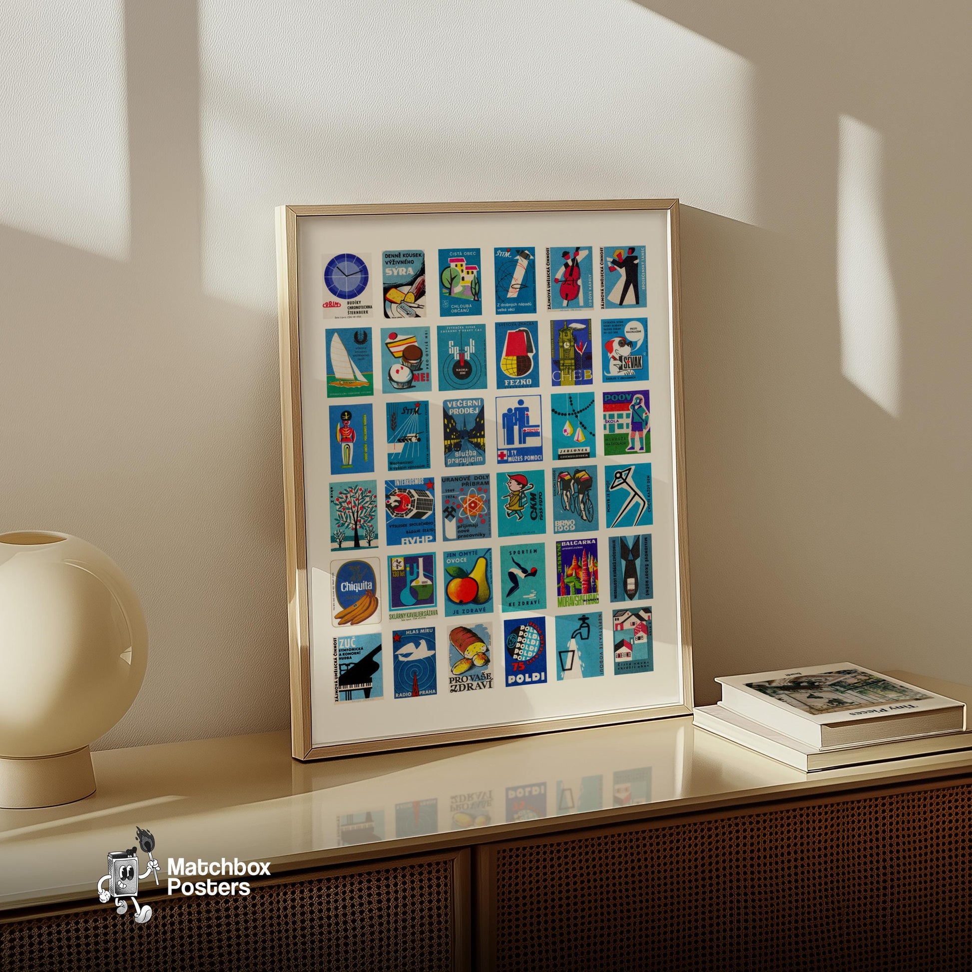 Blues Collage - vintage matchbox label print - bedroom mockup