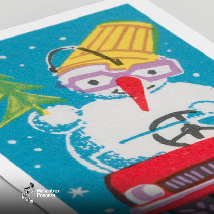 Snowman in Red Car - vintage matchbox label print - close-up detail