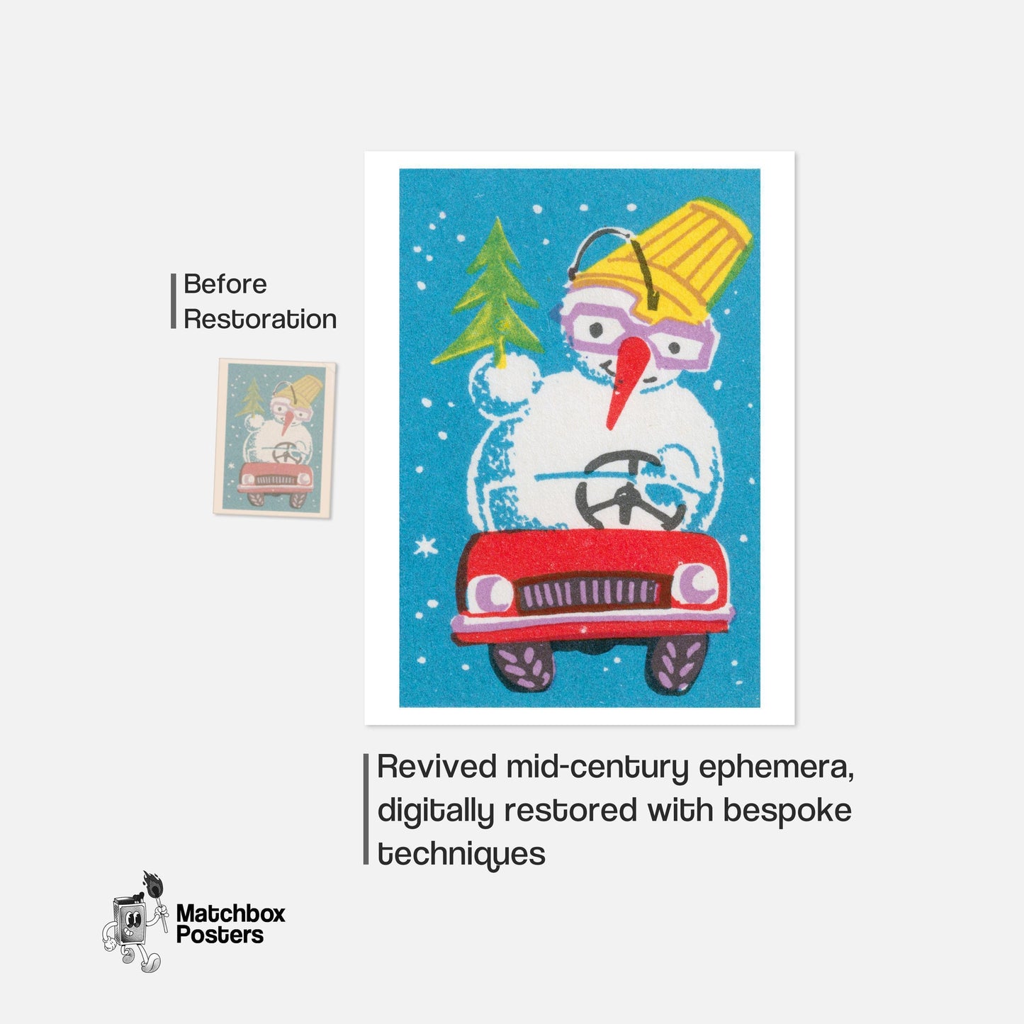 Snowman in Red Car - vintage matchbox label print - framed wall art preview
