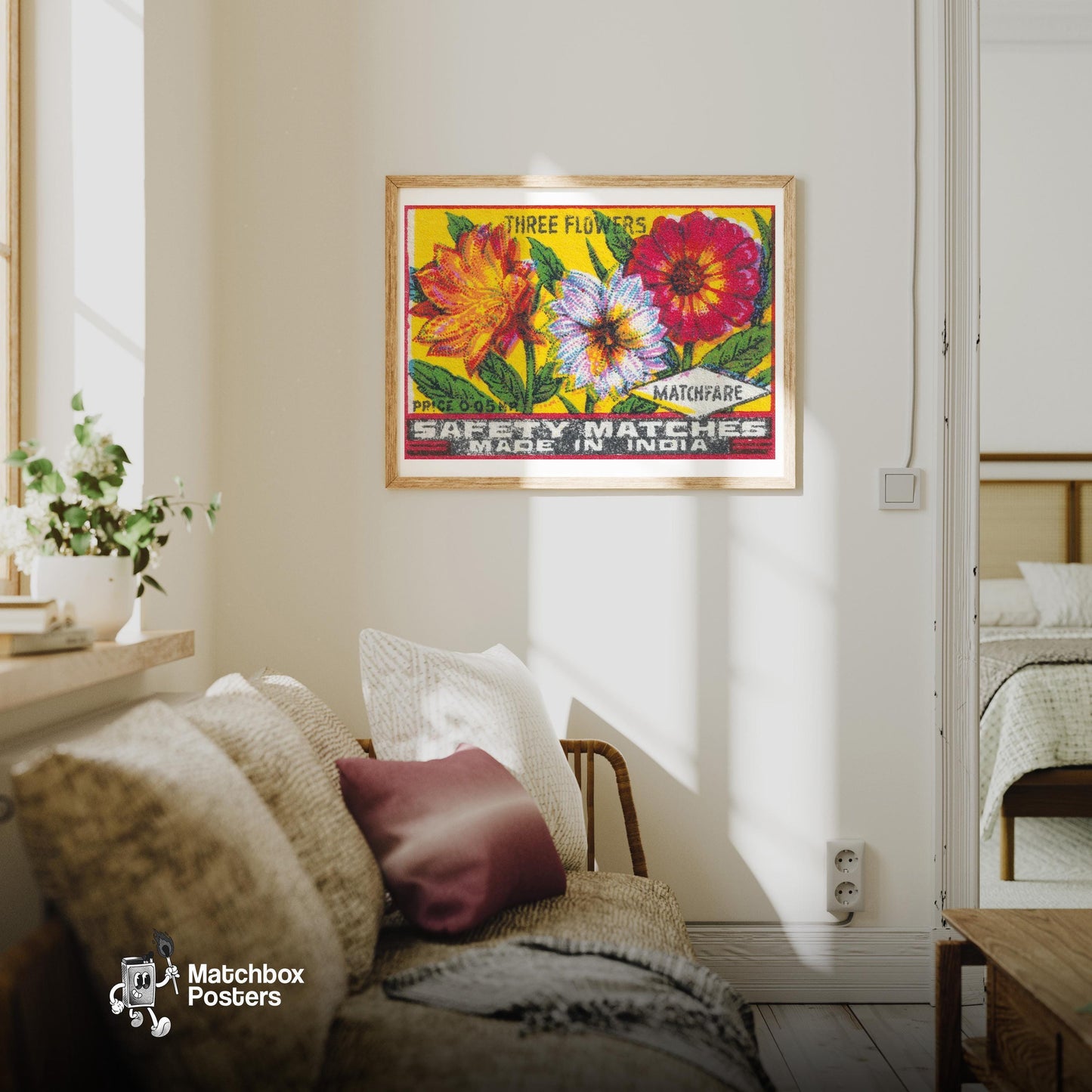 Three Flowers - vintage matchbox label print - living room mockup