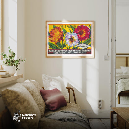 Three Flowers - vintage matchbox label print - living room mockup