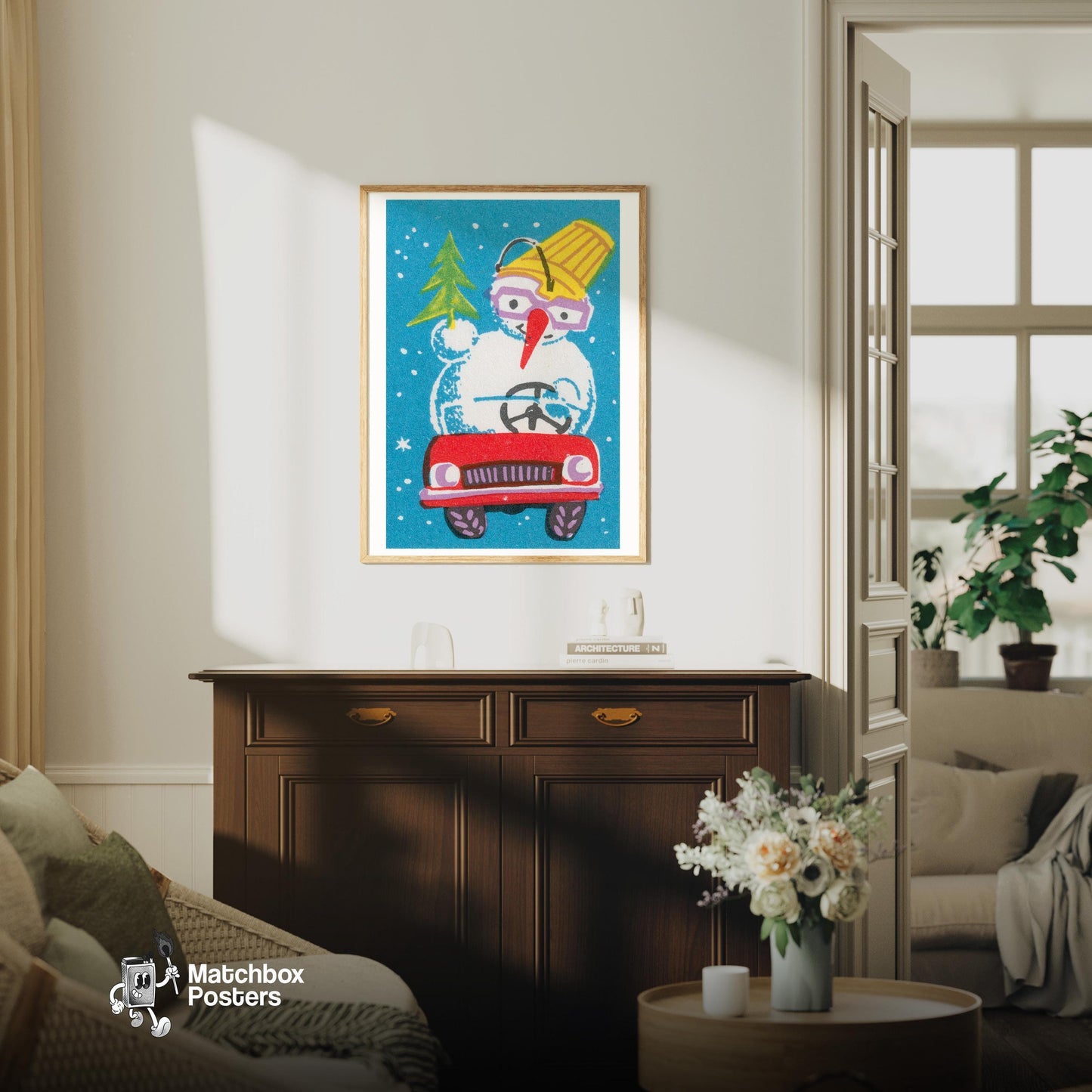 Snowman in Red Car - vintage matchbox label print - living room mockup