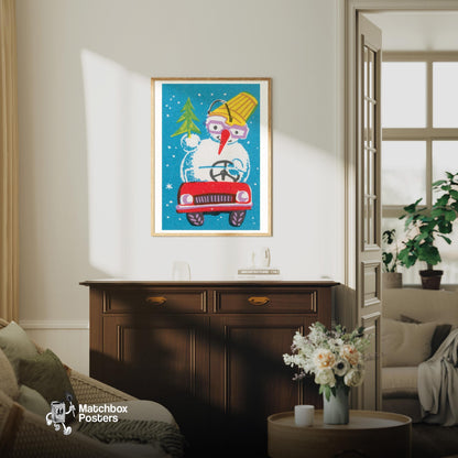 Snowman in Red Car - vintage matchbox label print - living room mockup