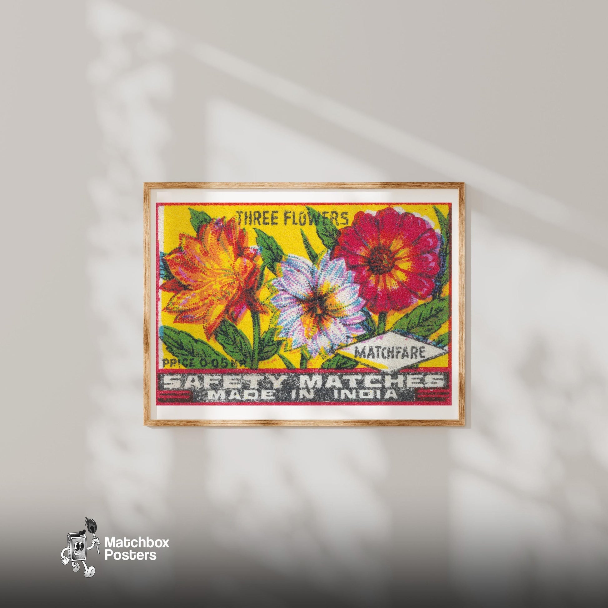 Three Flowers - vintage matchbox label print - bedroom mockup