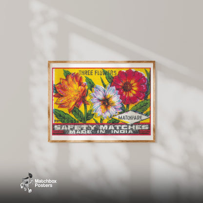 Three Flowers - vintage matchbox label print - bedroom mockup