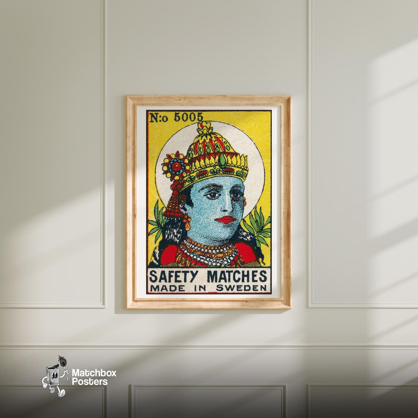 Vishnu - vintage matchbox label print - bedroom mockup
