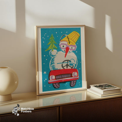 Snowman in Red Car - vintage matchbox label print - size comparison