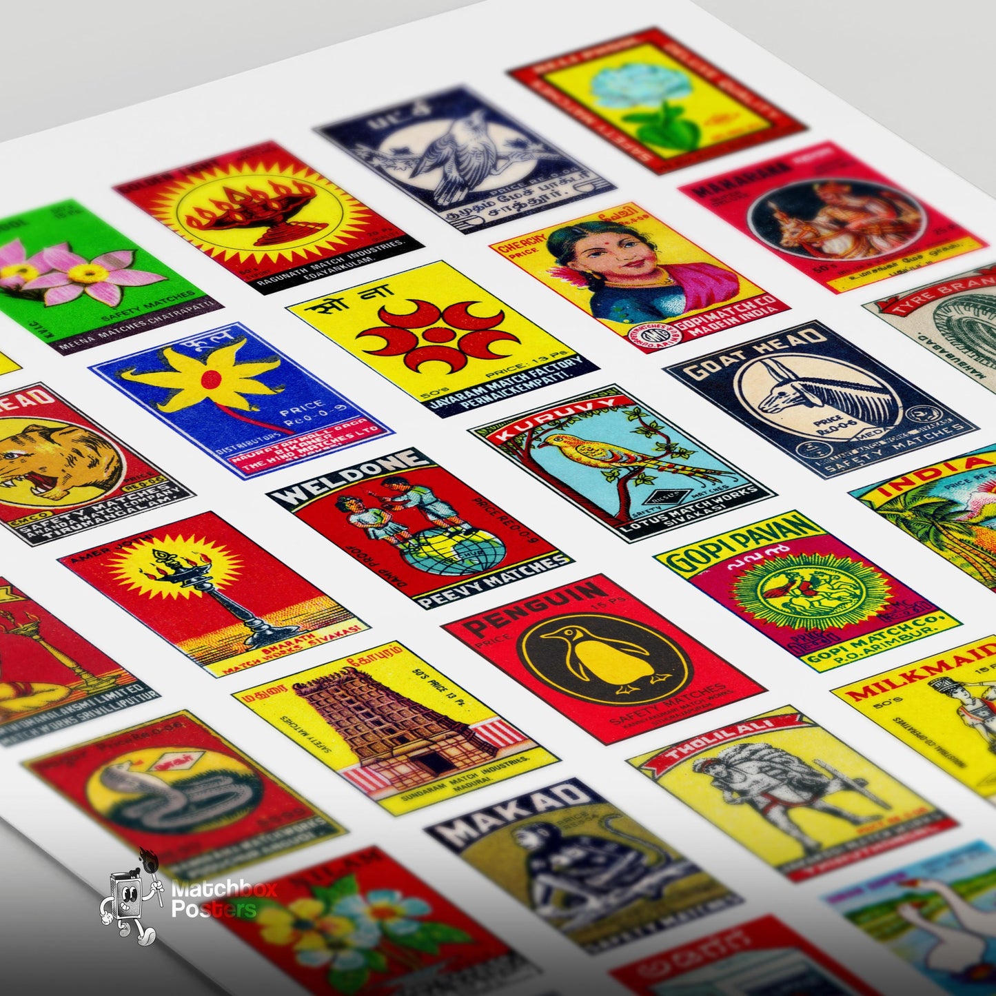 Multicolor Indian Label Collage Print - vintage matchbox label print - close-up detail