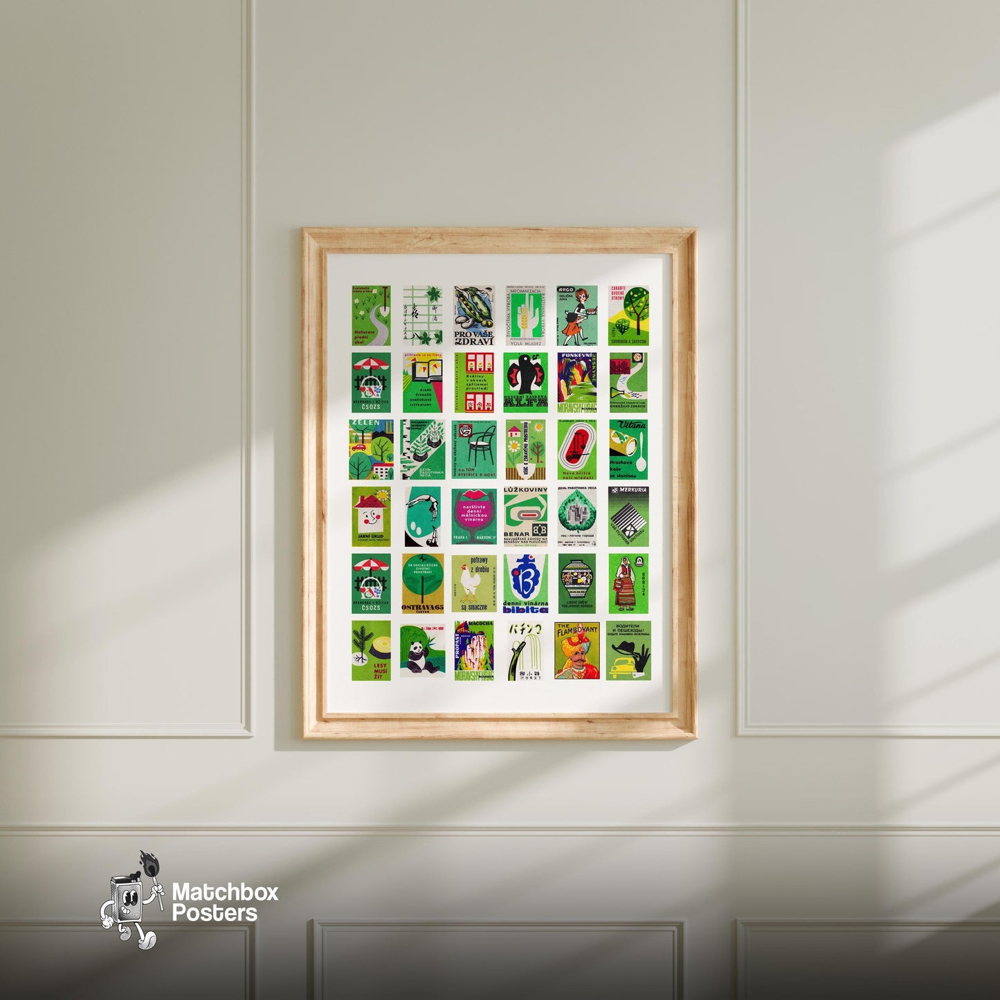 Green Collage Print - vintage matchbox label print - living room mockup