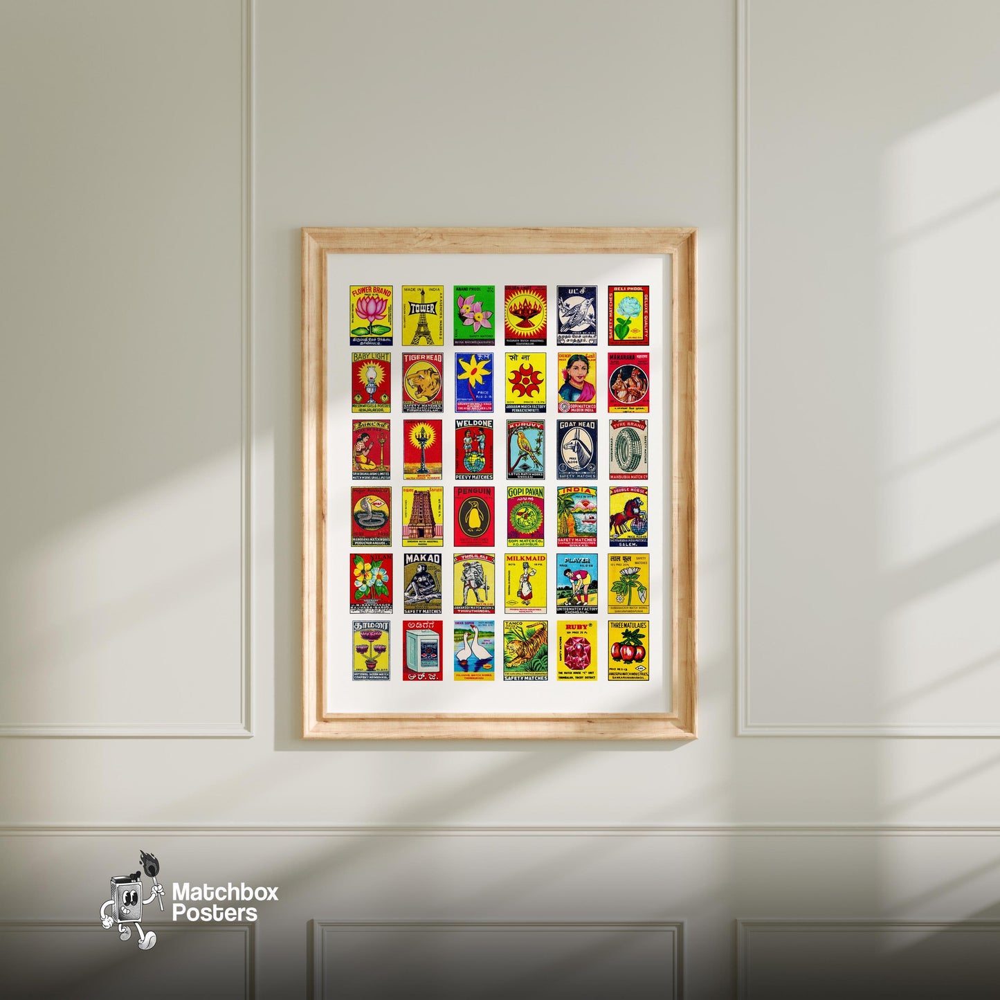 Multicolor Indian Label Collage Print - vintage matchbox label print - living room mockup
