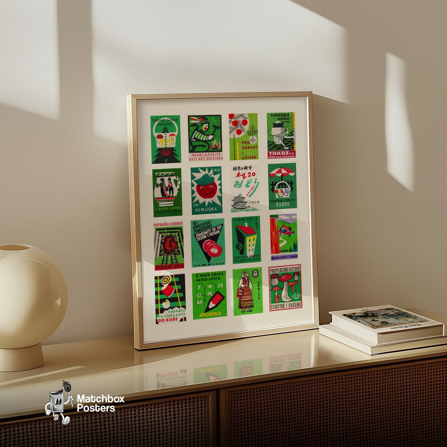 Green and Red Collage - vintage matchbox label print - bedroom mockup