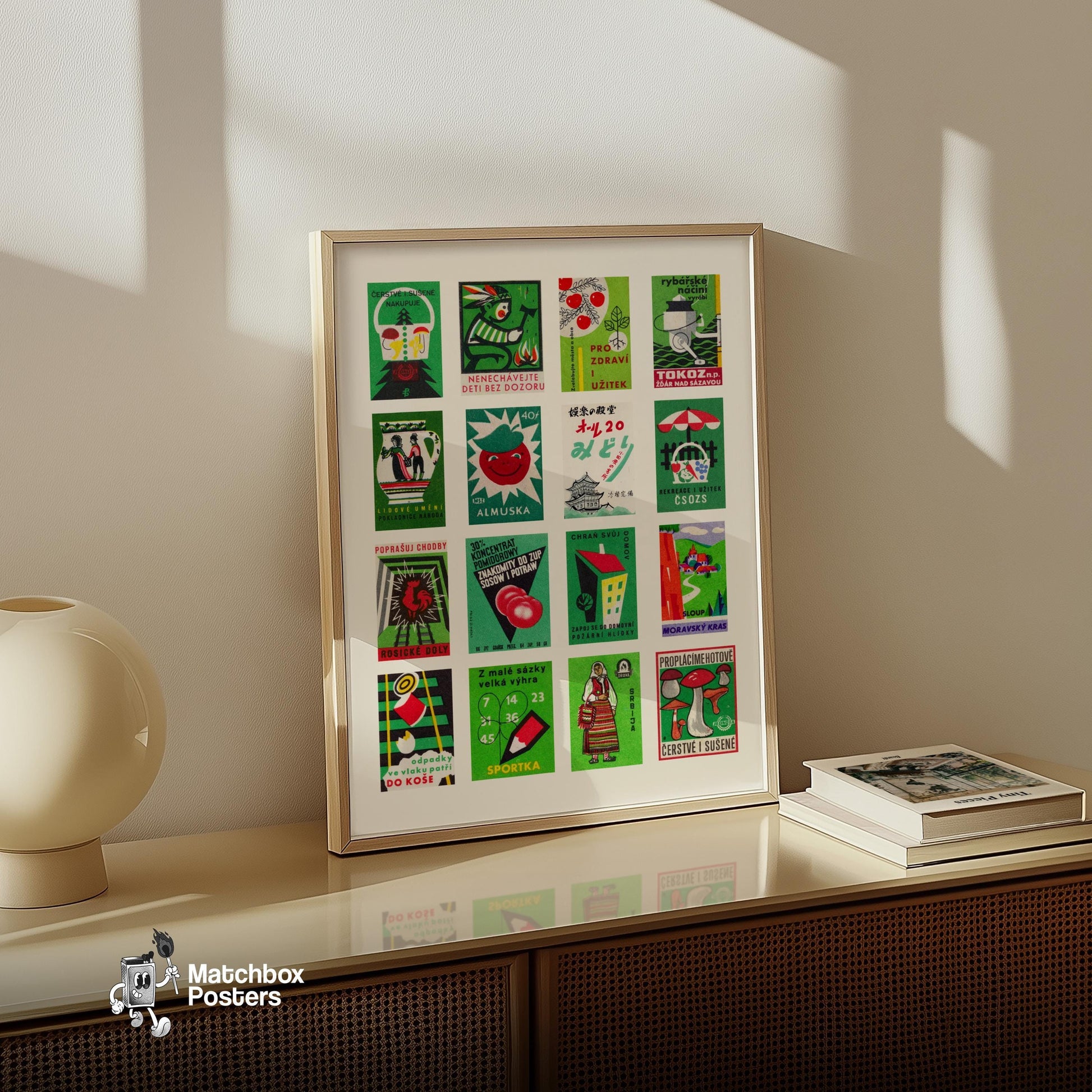 Green and Red Collage - vintage matchbox label print - bedroom mockup