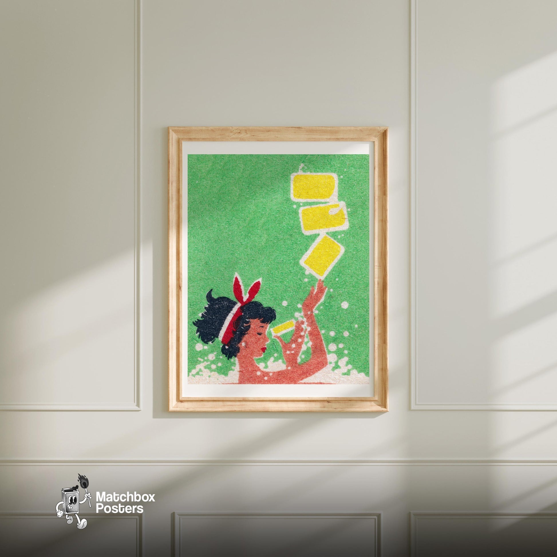 Woman Juggling Soap - vintage matchbox label print - bedroom mockup
