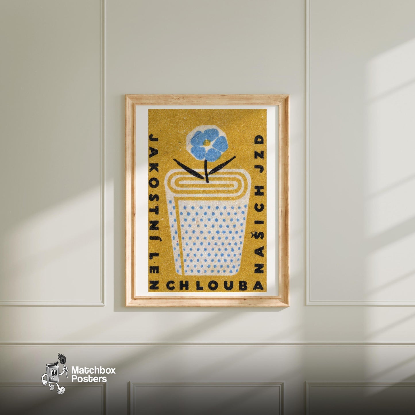 Blue Flower - vintage matchbox label print - bedroom mockup