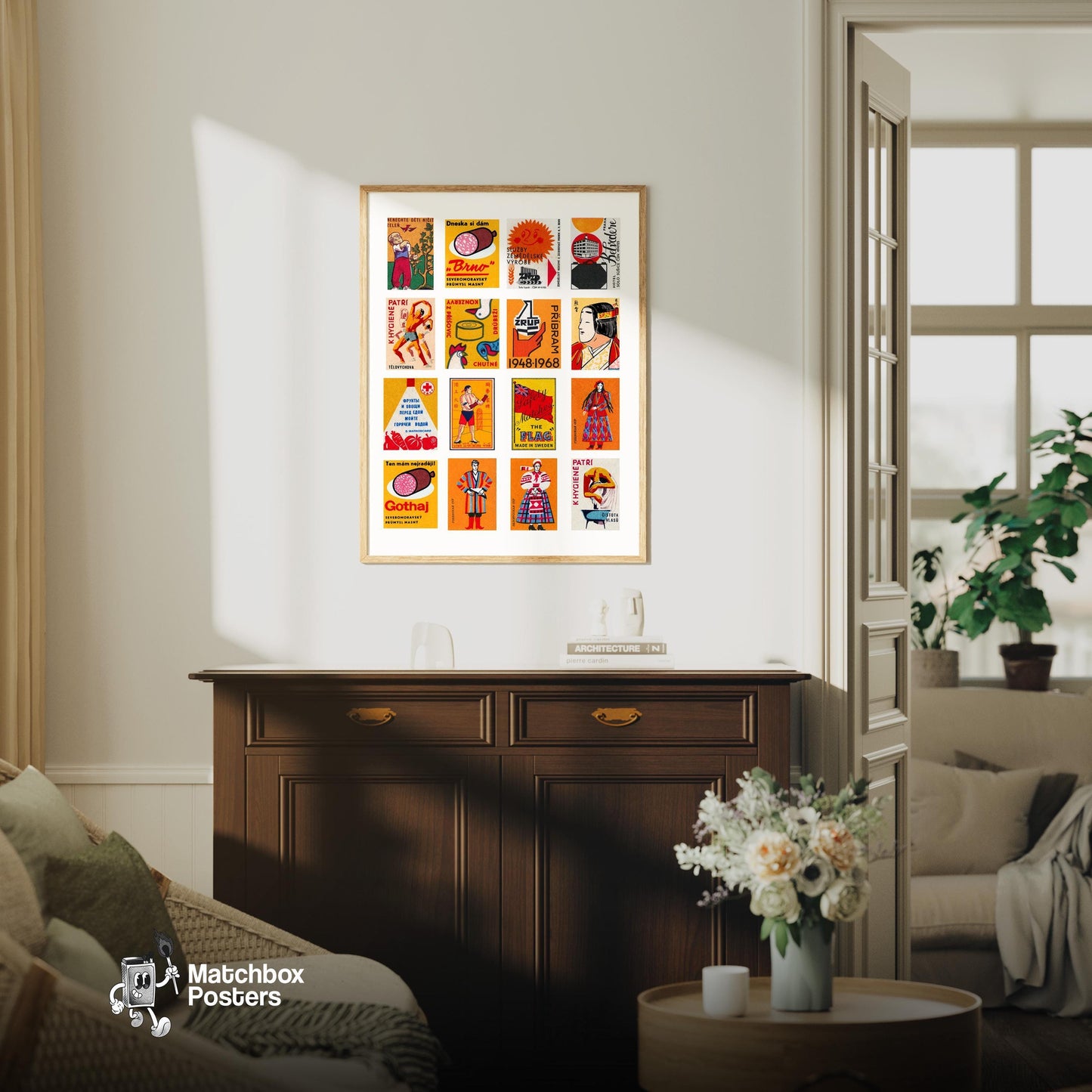 Orange and Red Collage - vintage matchbox label print - framed wall art preview