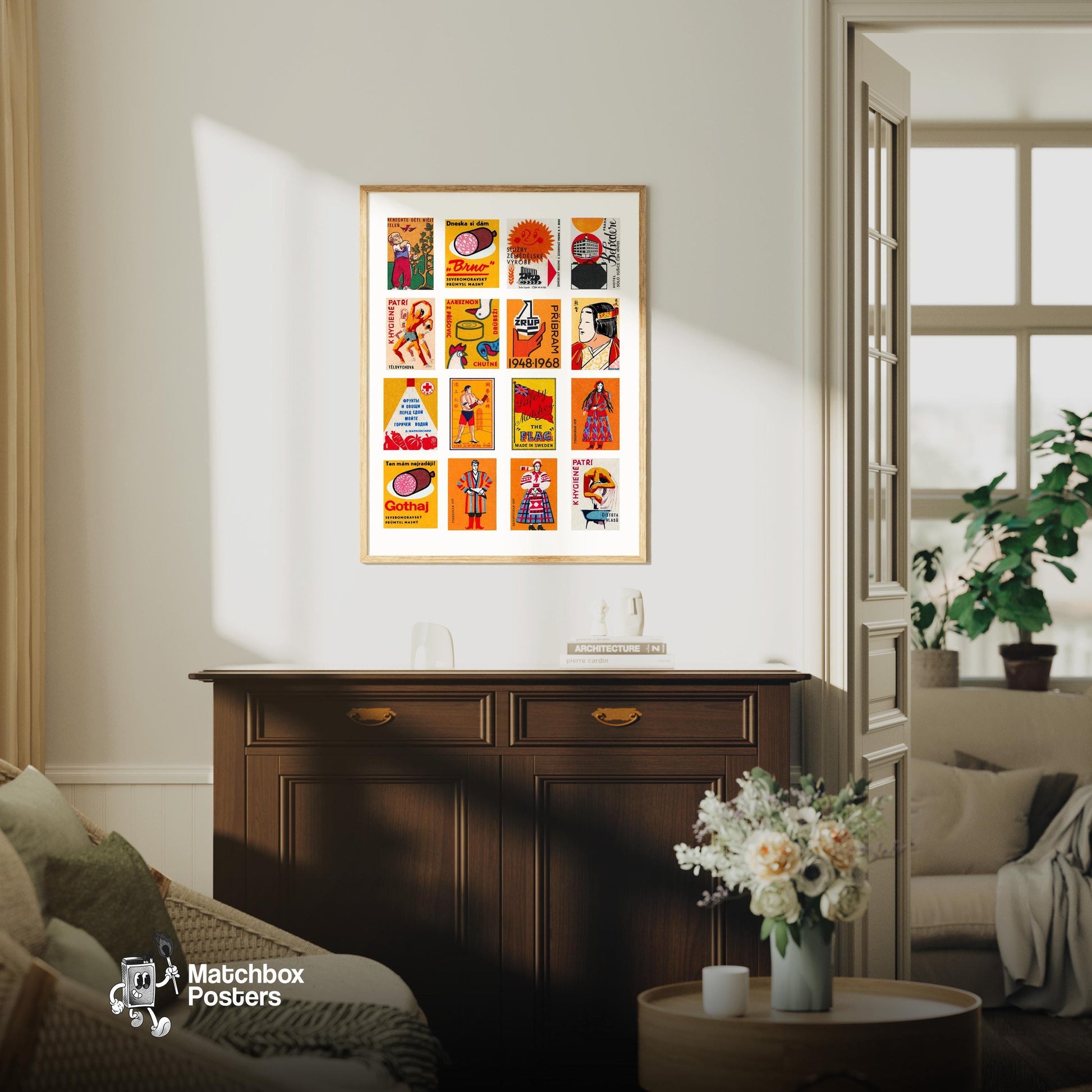 Orange and Red Collage - vintage matchbox label print - framed wall art preview