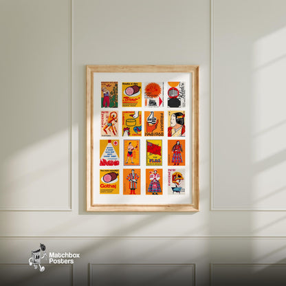 Orange and Red Collage - vintage matchbox label print - living room mockup