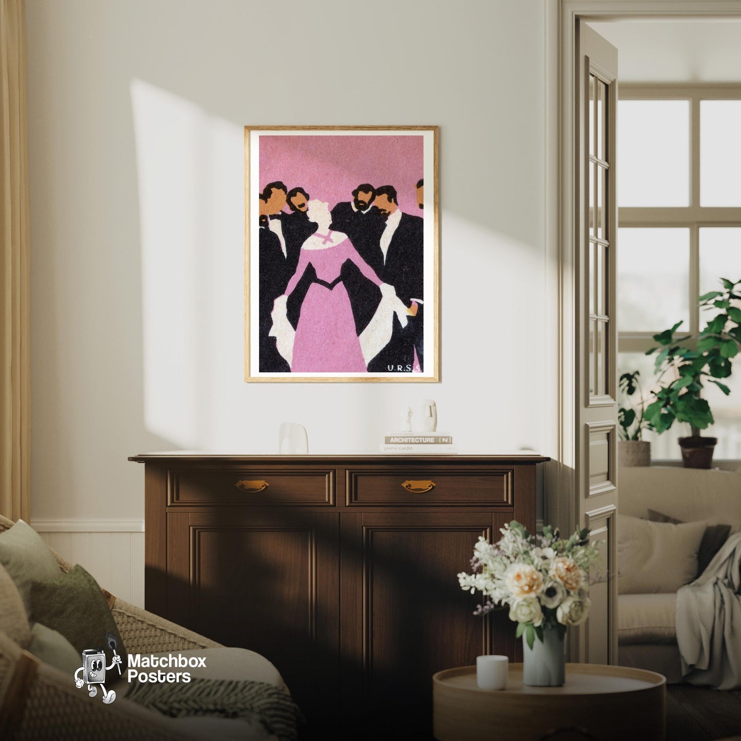 Formal Gathering - vintage matchbox label print - living room mockup